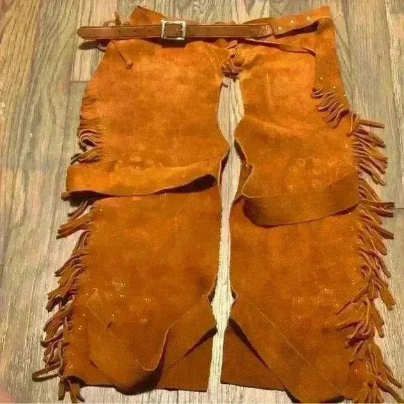 Leather suede childs chaps with fringe and beads western wear costume vintage - Picture 2 of 8